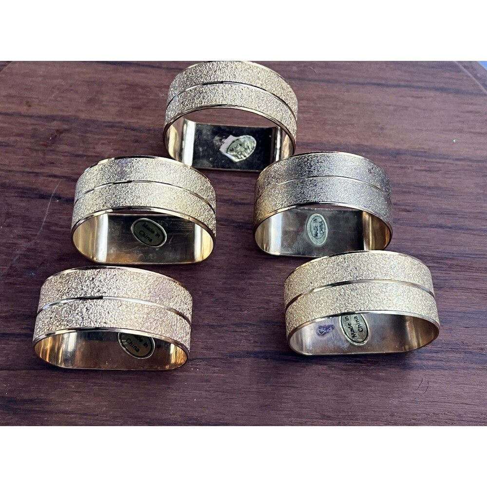 Vintage Gold Tone Metal Napkin Rings Set of 5 Textured MCM Dinner Table Decor